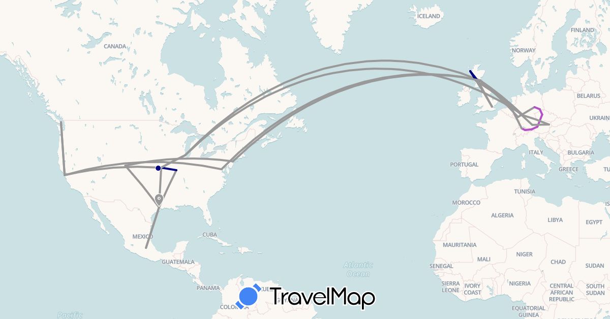 TravelMap itinerary: driving, plane, train in Austria, Canada, Switzerland, Czech Republic, Germany, United Kingdom, Liechtenstein, Mexico, Netherlands, United States (Europe, North America)